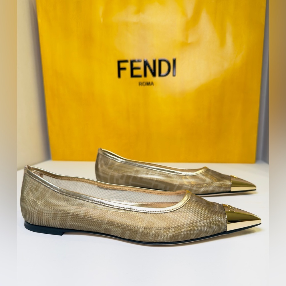 Fendi Colibri FF Mesh Ballerina Flats Gold Pointed Logo Engraved Metal Size 37 - Picture 3 of 15